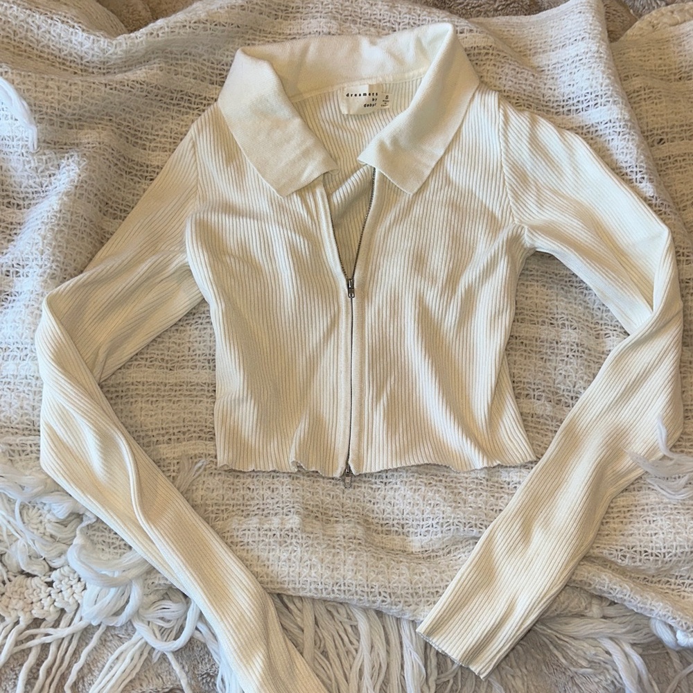 Cream Ribbed Zip-Up Cardigan - Picture 1 of 5